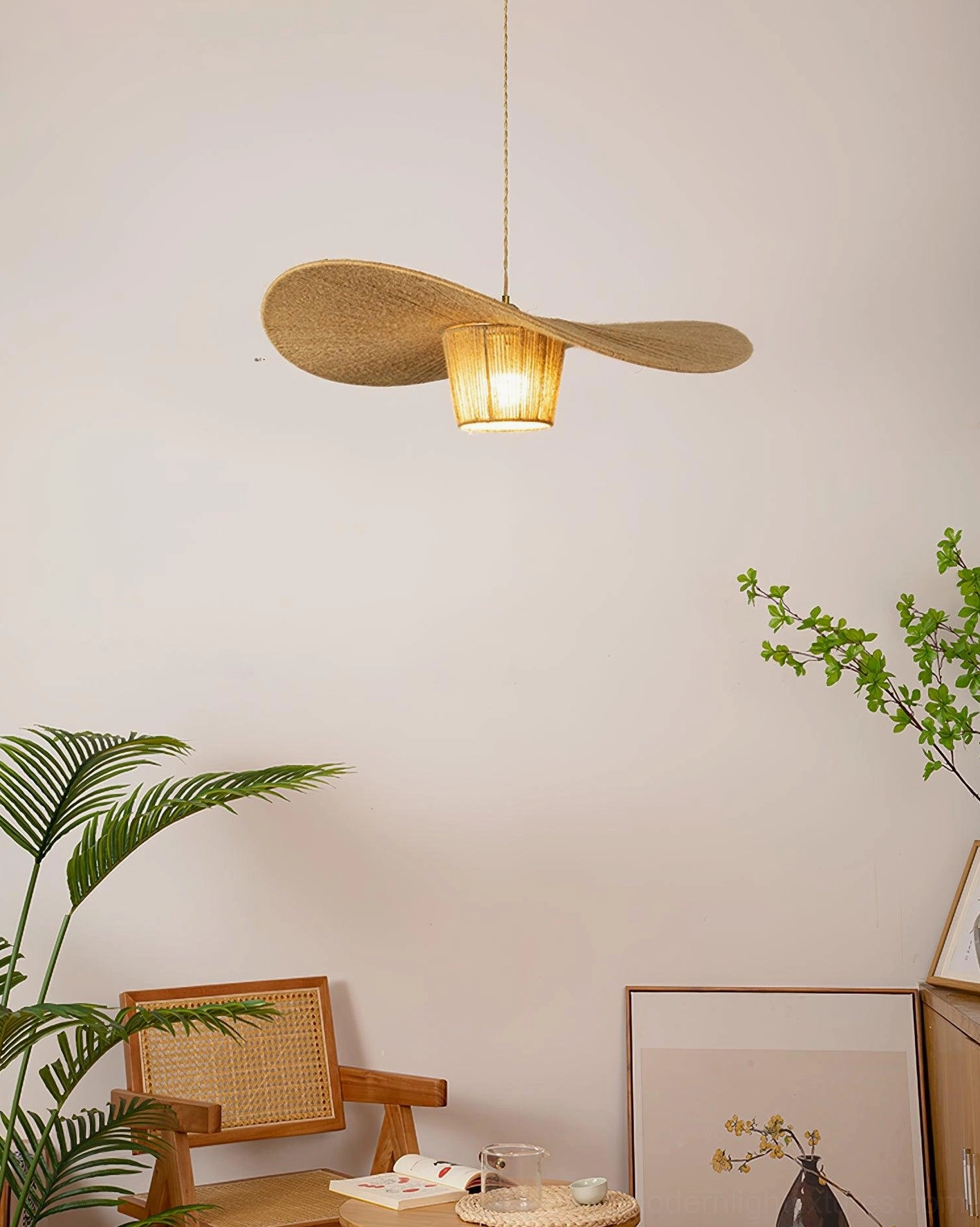 Close-up detail of handwoven hemp rope texture and construction showing artisanal craftsmanship of rustic pendant light