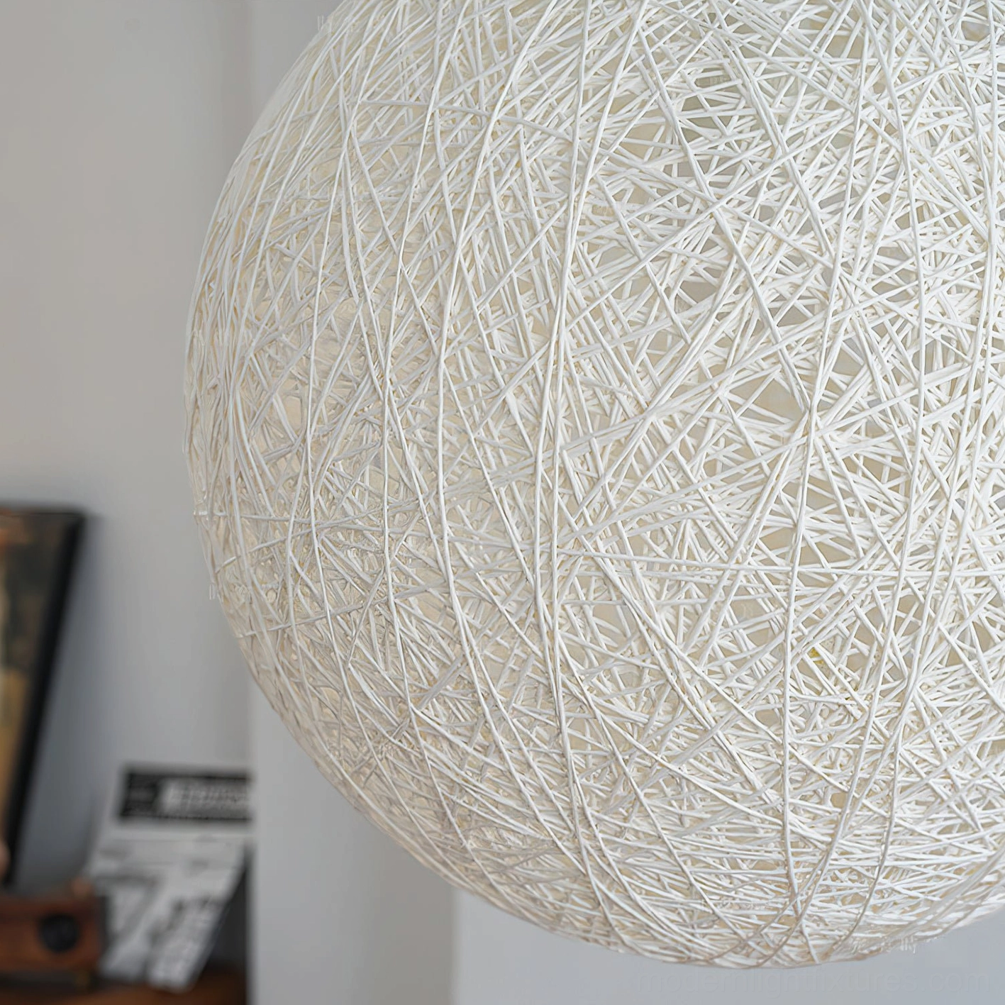 Hemp woven sphere pendant light product photography showing spherical shape and hand-woven detail on white background