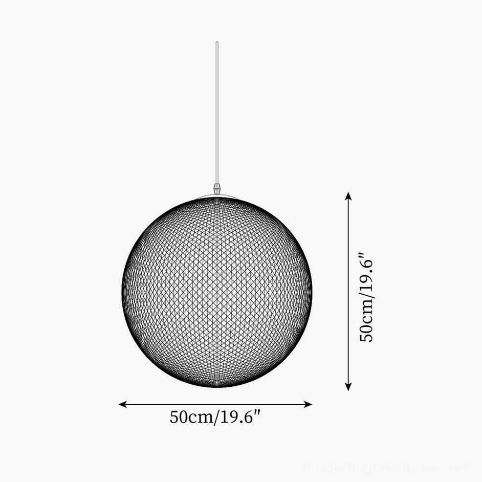 Size reference diagram of handwoven hemp sphere pendant light showing diameter and height measurements for 50cm medium size