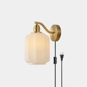 Henry brass wall sconce with octagonal frosted glass shade, front product view with power cord