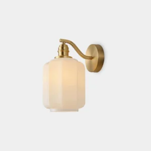 Henry brass wall sconce with frosted glass shade - front studio view of modern minimalist wall lamp