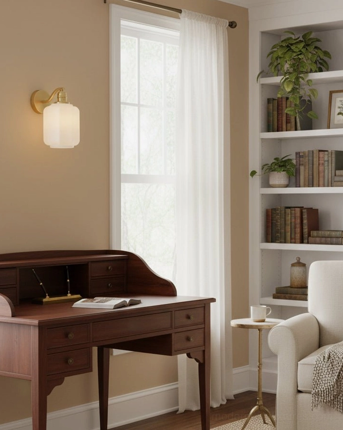 Single Henry wall sconce illuminating home office workspace with warm directional light for reading and tasks