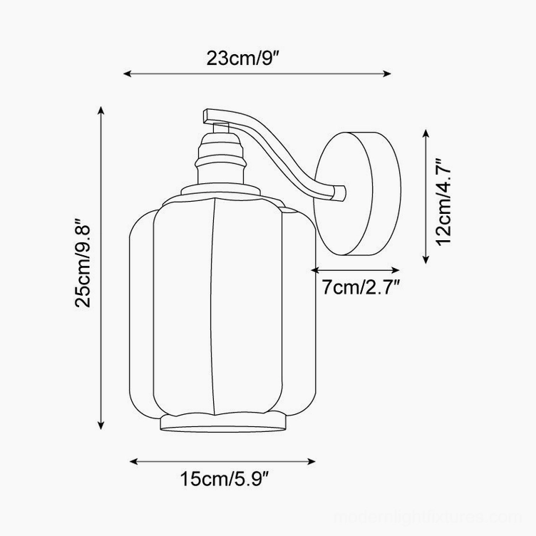 Henry wall sconce technical drawing with orthographic dimensions and measurements in inches and centimeters