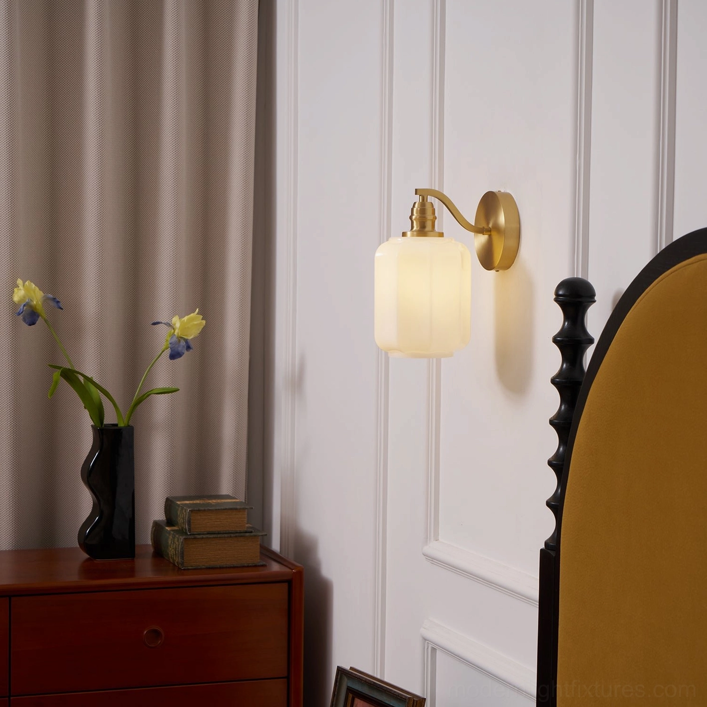 Henry wall sconce white finish complementing soft gray neutral palette in contemporary living space