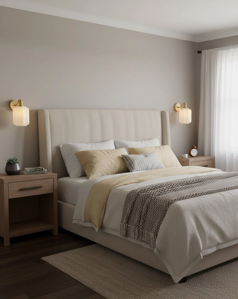 Pair of Henry wall sconces flanking bed in master bedroom providing cozy bedside reading light without table lamps