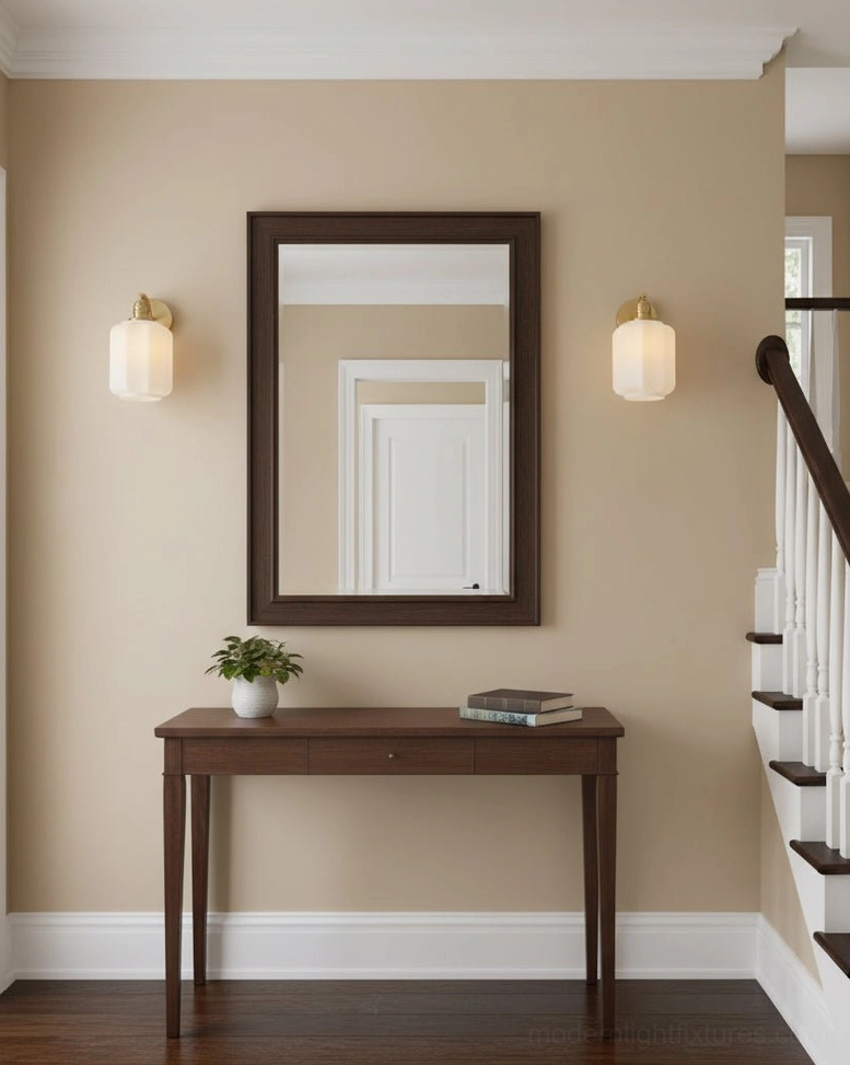 Henry brass wall sconces symmetrically lighting stairwell hallway entryway with warm ambient glow