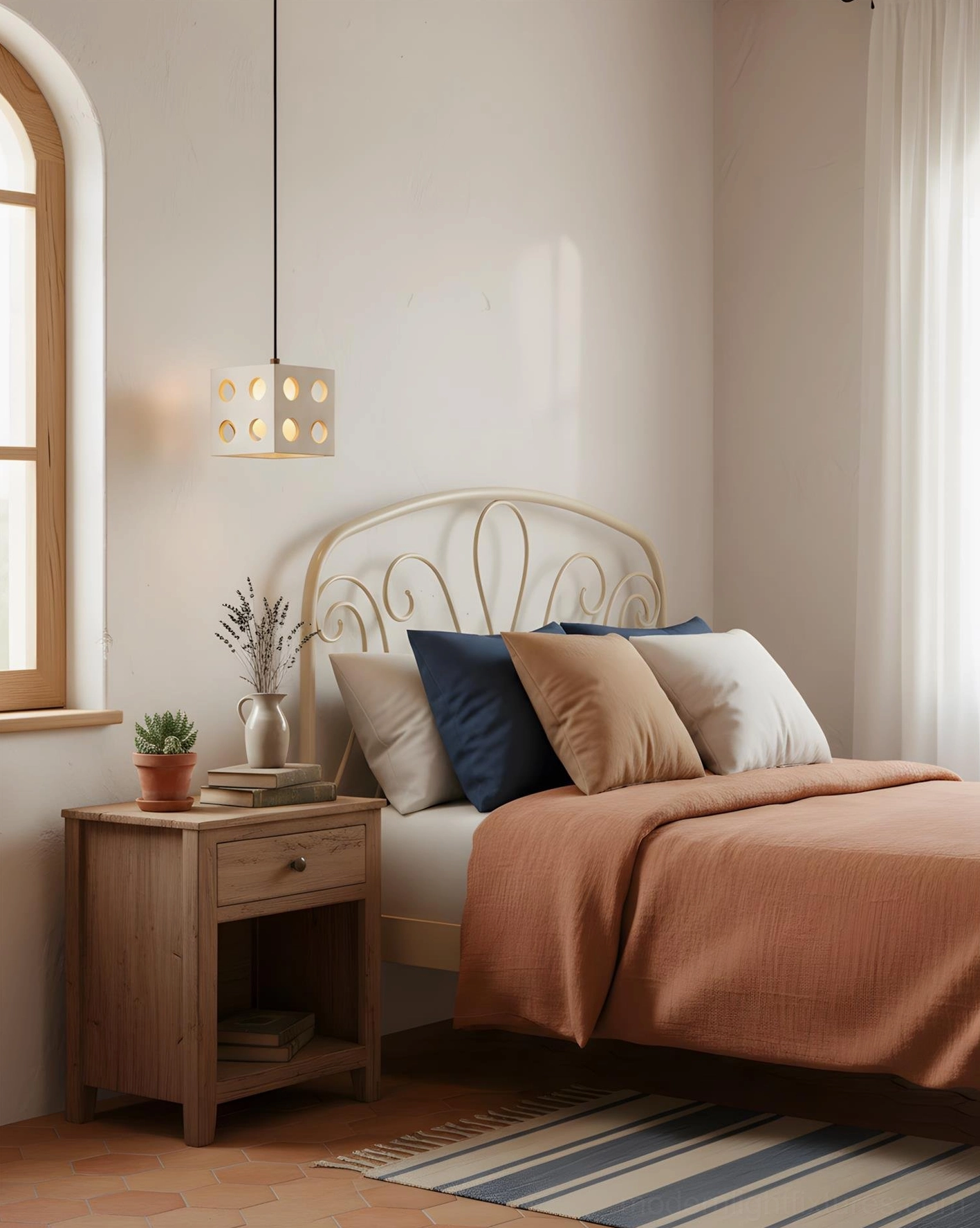 Geometric cube pendant light mounted as bedroom accent fixture beside bed, warm ambient glow in cozy rustic master bedroom