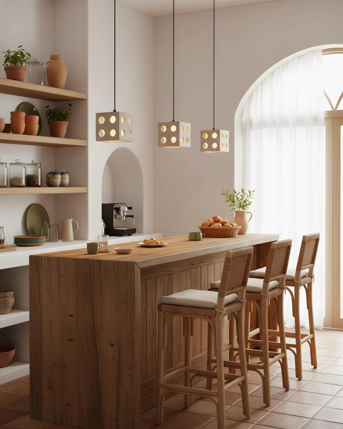 Row of cube pendant lamps suspended over wooden home bar with potted plants, warm neutral interior design scheme