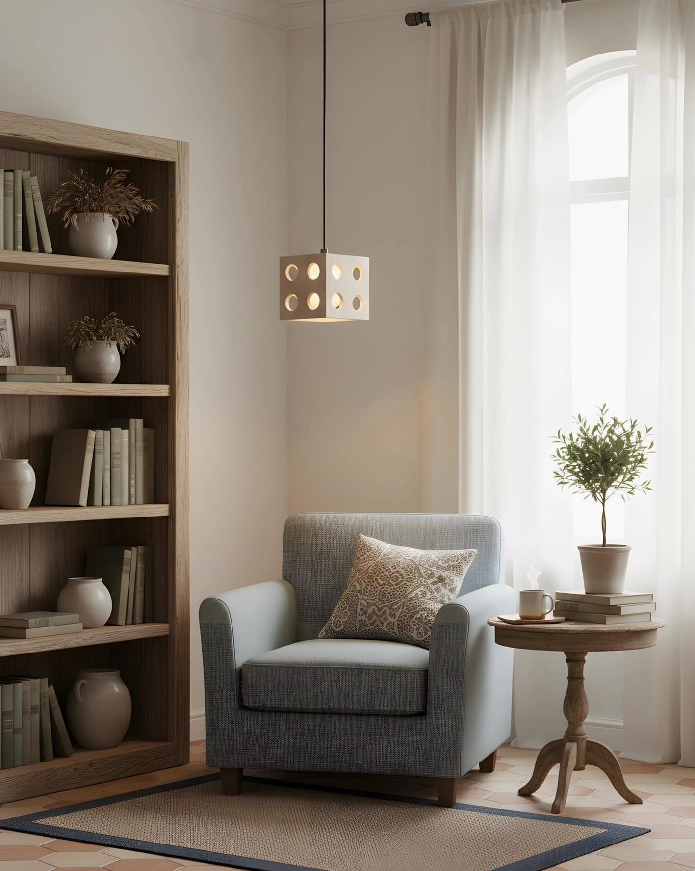 Geometric cube pendant light in cozy reading lounge, concrete-textured travertine lamp creating calm neutral home decor