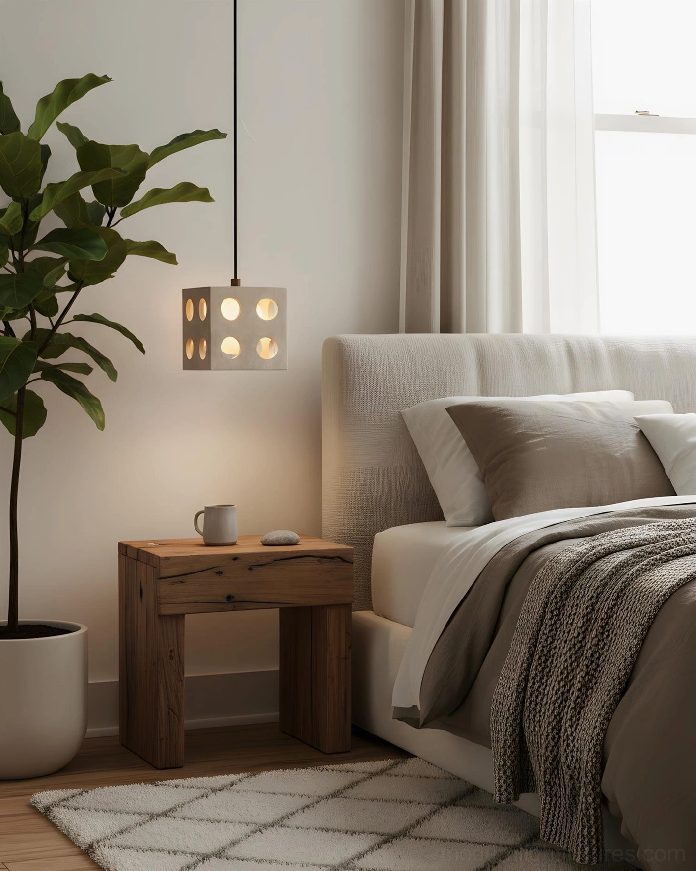 Dice-shaped cube pendant lamp in modern bedroom, warm ambient glow matching neutral interior palette and contemporary design