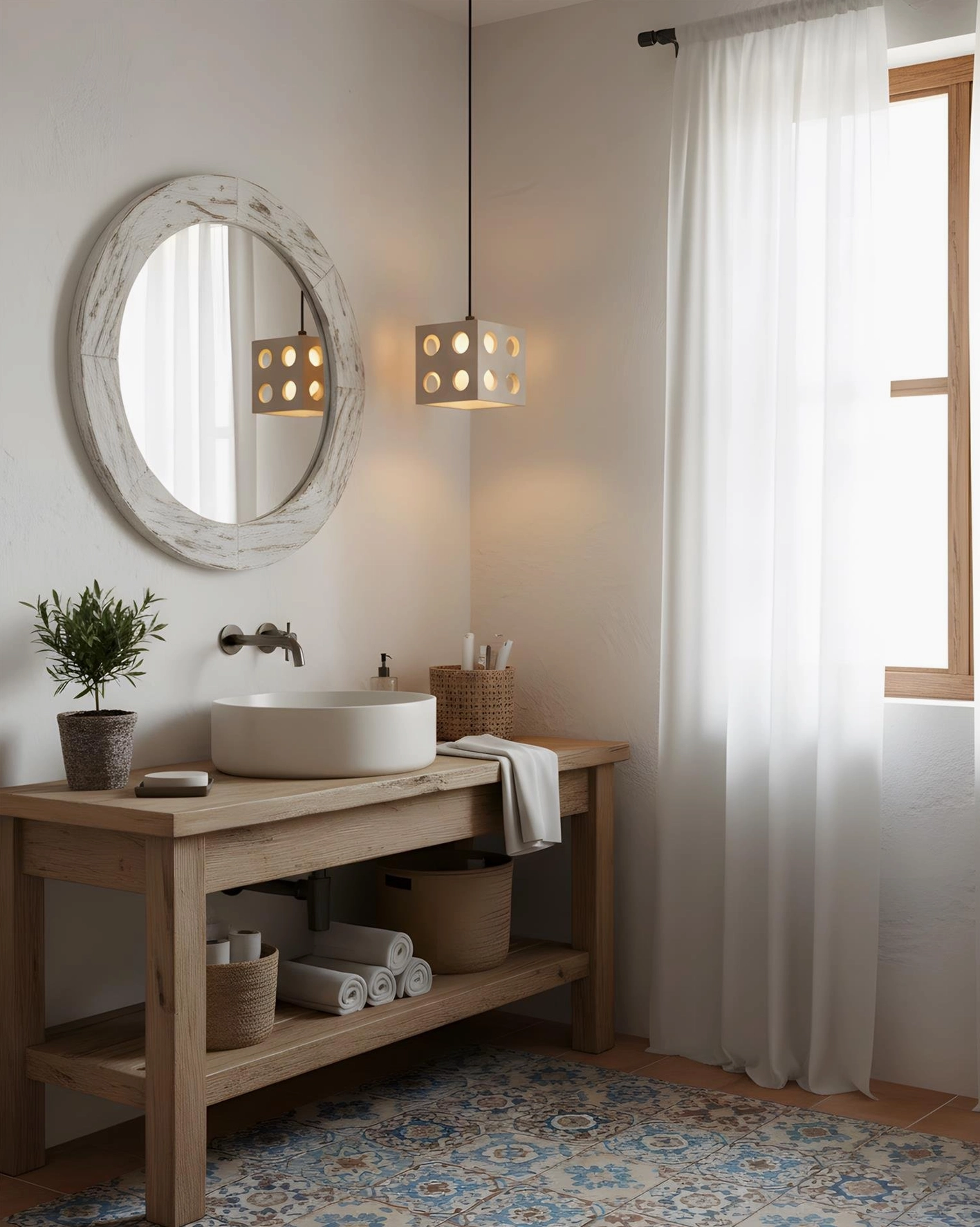 Hexa mini cube pendant lamp mounted above bathroom vanity mirror, rustic farmhouse bathroom with soft warm lighting