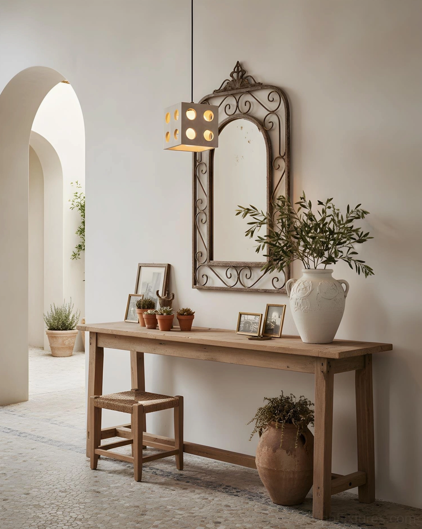 Hexa cube pendant lamp installed in farmhouse dining alcove, creating ambient shadow patterns on white walls