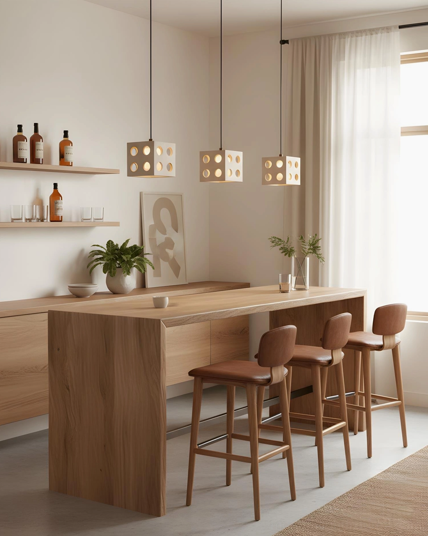 Multiple Hexa geometric pendant lights installed over kitchen bar counter, uniform modern farmhouse neutral home styling