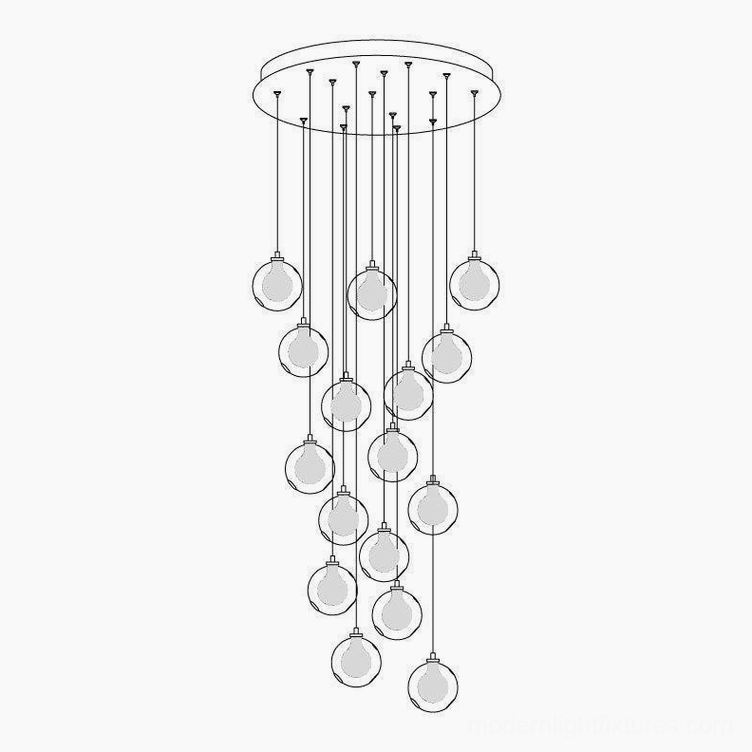 Modern glass globe cluster chandelier installation in high-end residential space with contemporary architectural features