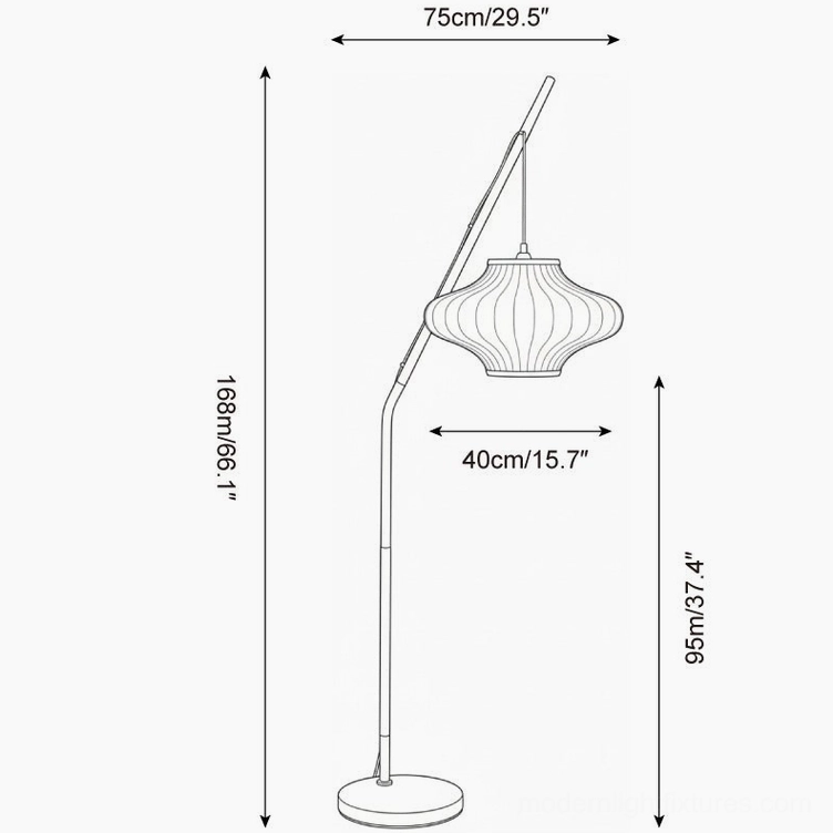 Technical specification drawing of Hikari arc floor lamp showing dimension details and measurements