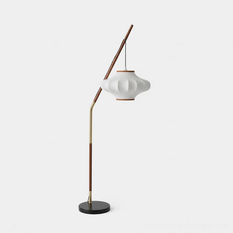 Hikari arc floor lamp with walnut wood pole and pleated white fabric shade, front view on white background