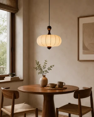 Hinora pendant light hanging in dining nook with wooden table, warm ambient lighting over meal setting