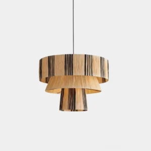 Hiroshi handwoven raffia tiered pendant light overhead view showing natural beige and black striped boho texture