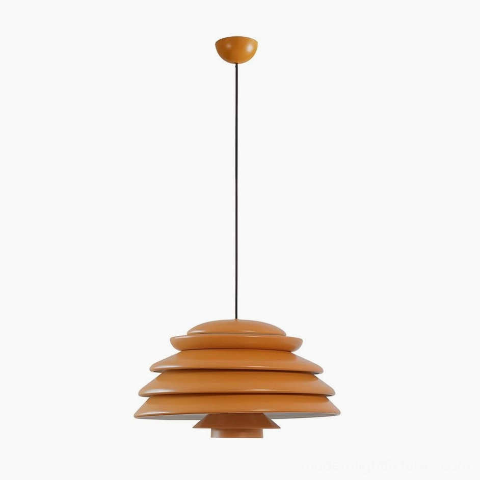 Brown tiered Hive pendant lamp with warm wood-tone finish against white background, full side hanging view of geometric disc stack design