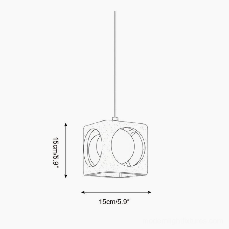 Technical dimension drawing of single Hollowa travertine pendant light showing 15cm cube structure