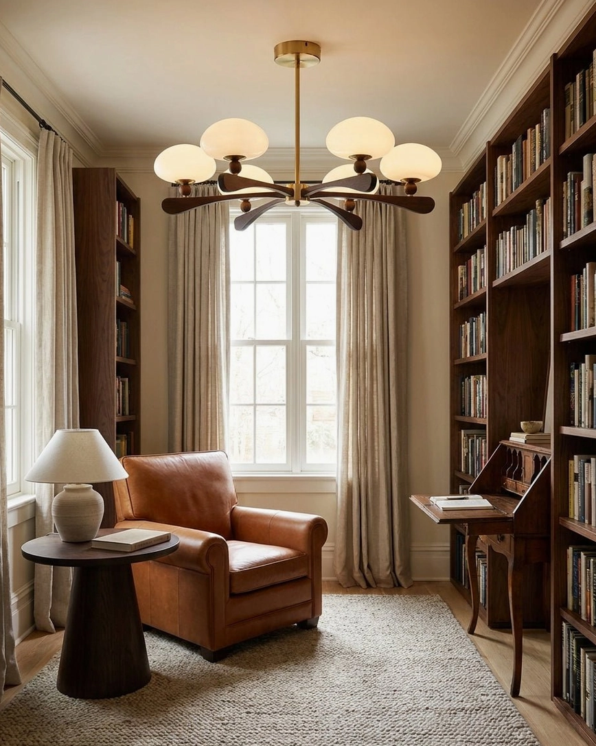 Mid-century modern 6-arm chandelier mounted in home library study room with bookshelves, matching vintage scholarly ambiance