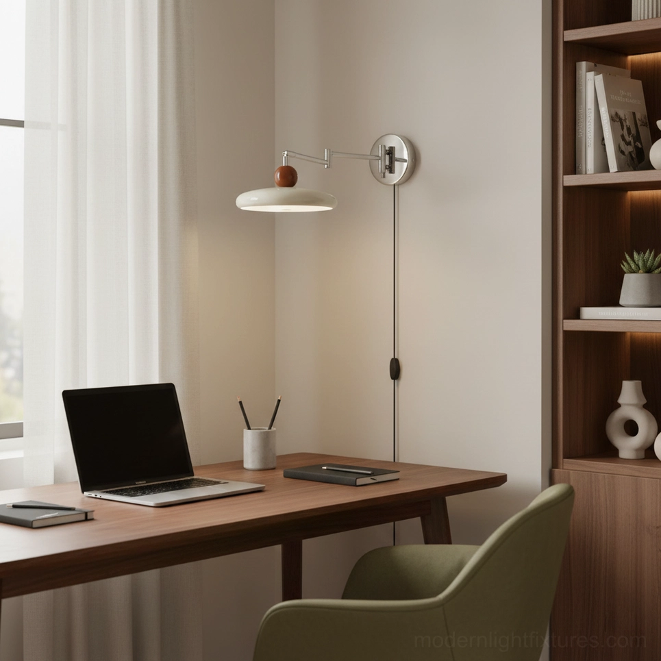 Contemporary home office wall sconce with white shade and black power cord, minimalist workspace lighting solution
