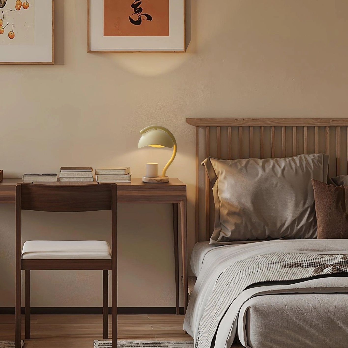 Modern candle warmer lamp placed on wooden desk in minimalist home study workspace with warm ambient lighting