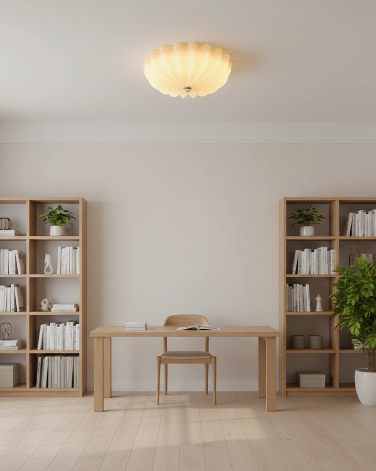 Home office workspace with installed jelly shell ceiling light fixture and warm glowing ambient illumination