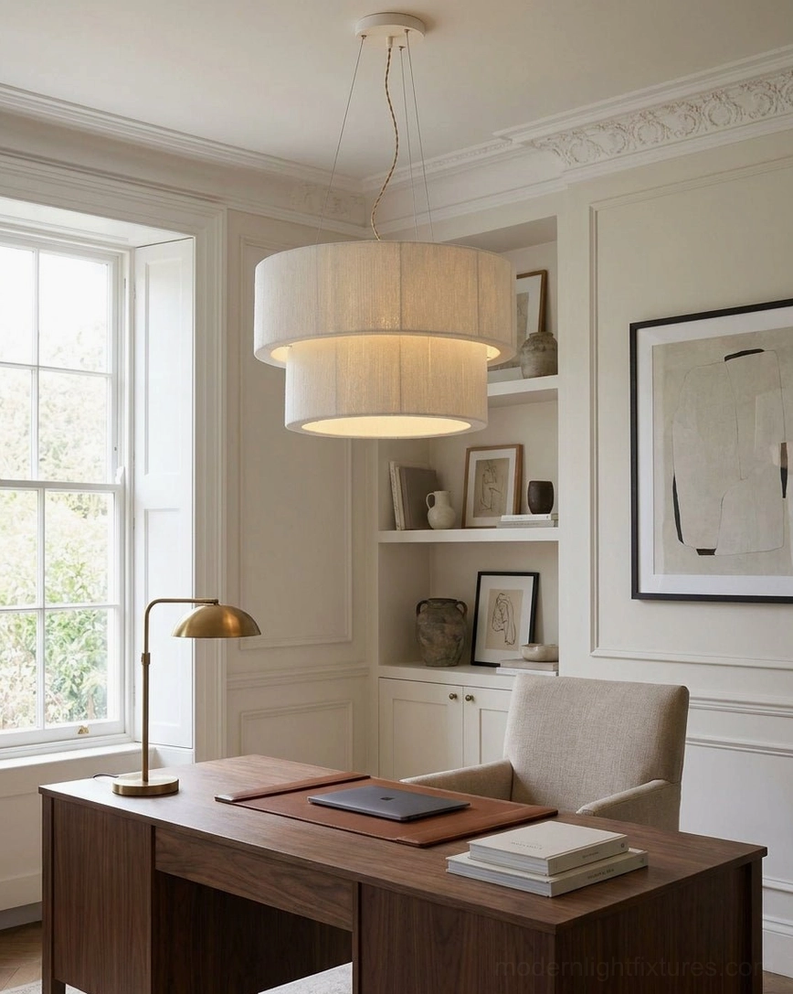 Cream cotton-thread pendant light in home office study with dark wood desk, built-in bookshelves, and framed wall art, focused task ambiance
