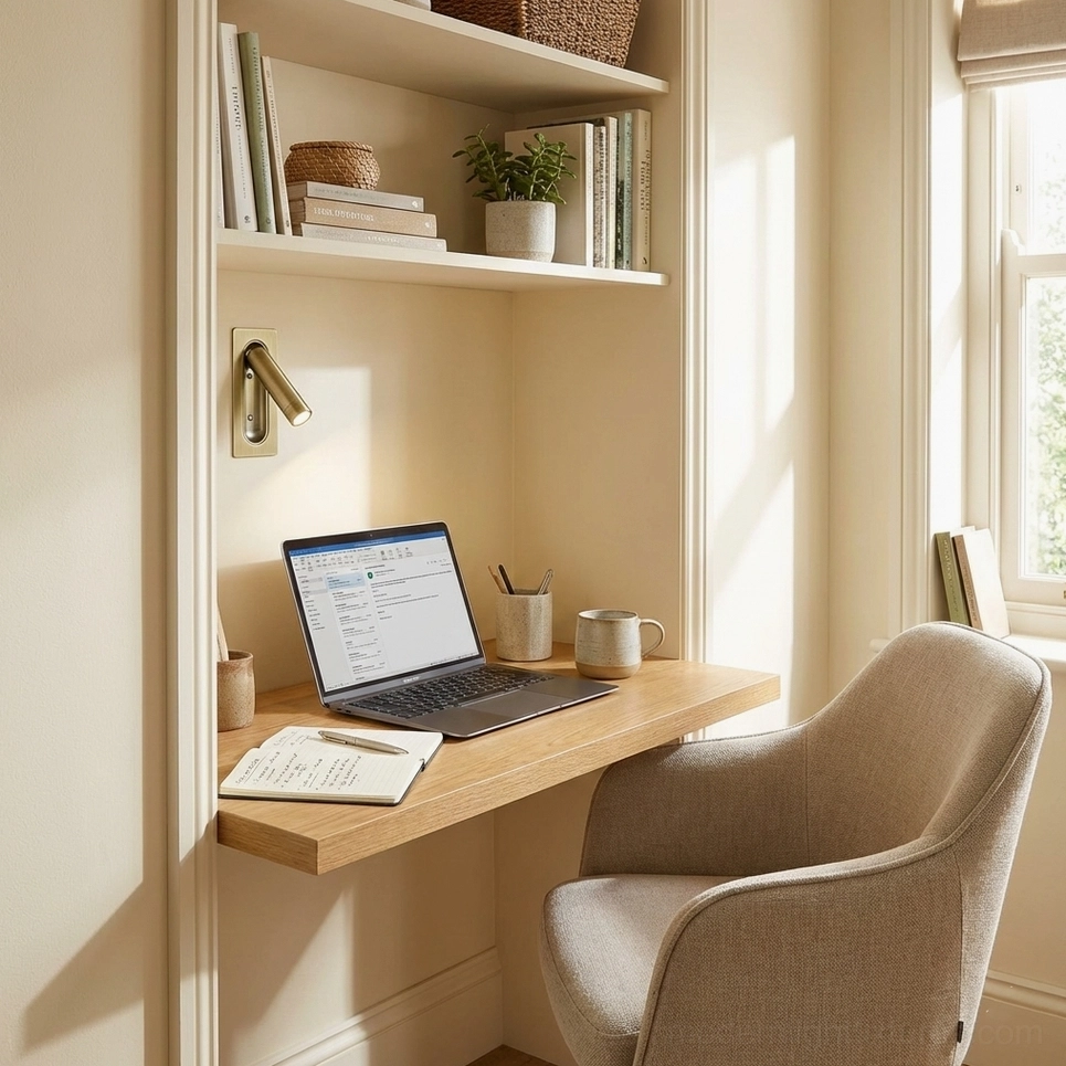 Home office workspace featuring brass recessed wall lamp mounted above wooden desk providing focused task lighting