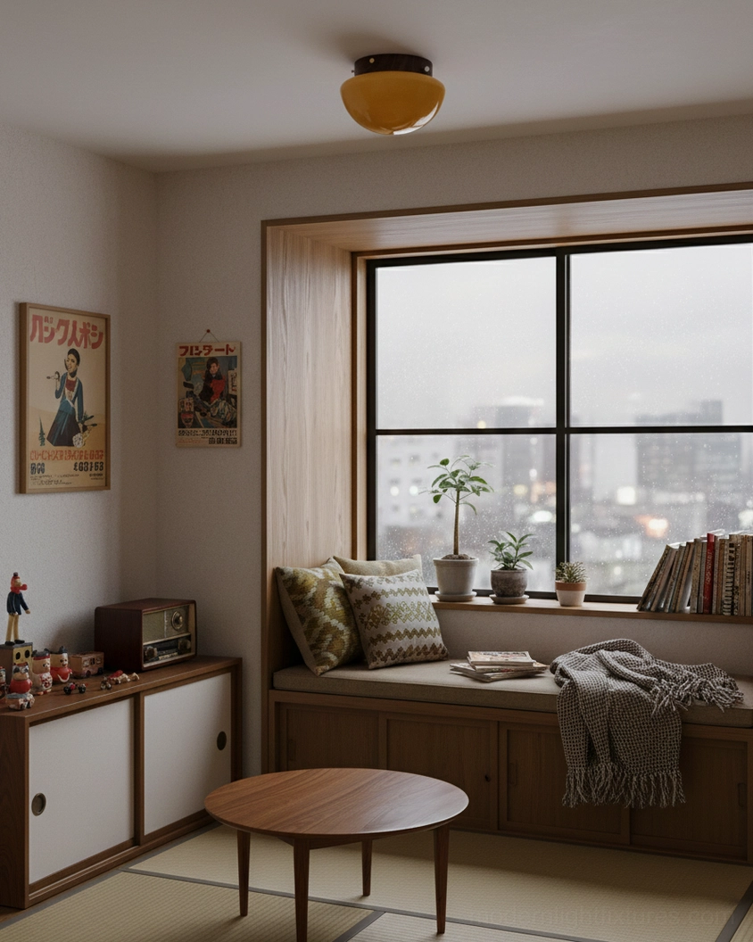 Warm amber dome flush mount light in cozy Japandi reading nook with wall posters and window seating area