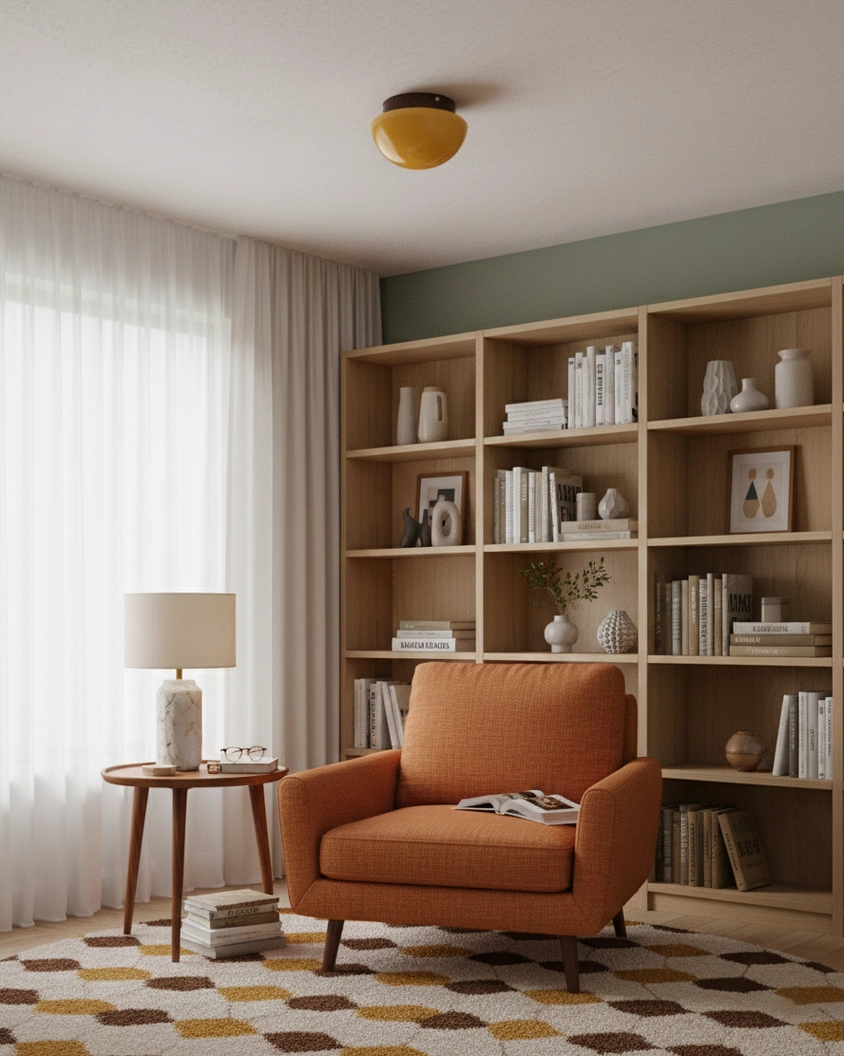 Honeyed Dome flush mount light in retro bohemian living room with bookshelf and warm amber glow interior