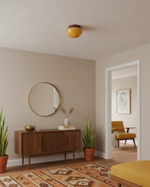 Warm amber dome ceiling light fixture installed in mid-century modern entryway with neutral home décor and interior design