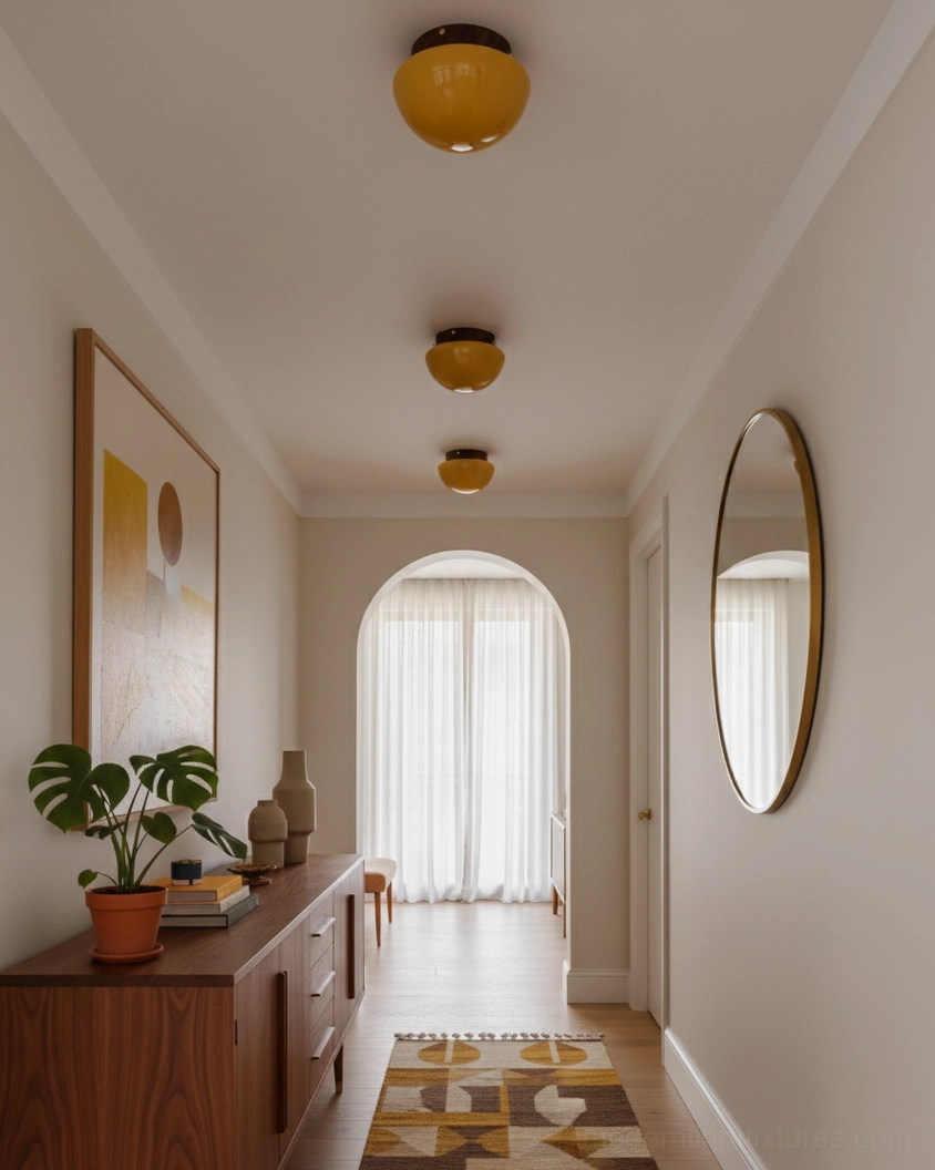 Multiple matching amber dome ceiling lights fixtures installed along hallway corridor creating warm ambiance