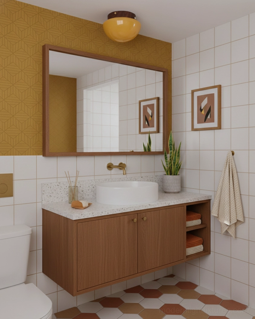 Honeyed Dome flush mount ceiling light in mid-century modern bathroom above wood-tone vanity cabinet