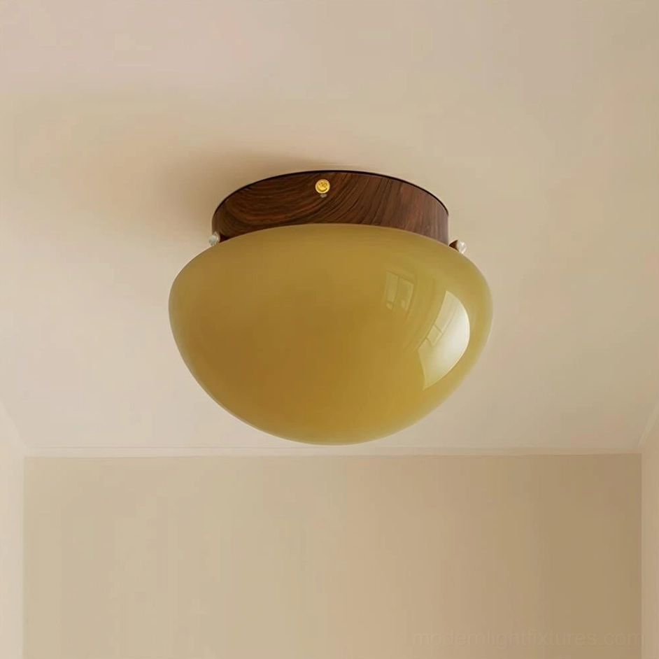 Honeyed Dome amber ceiling light fixture showing 50000 hour LED lifespan and energy efficient performance