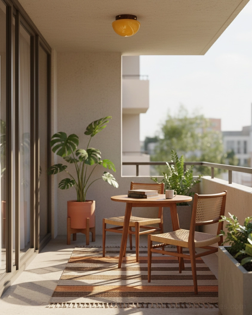 Amber dome ceiling light fixture mounted above balcony dining nook with wooden furniture and natural daylight