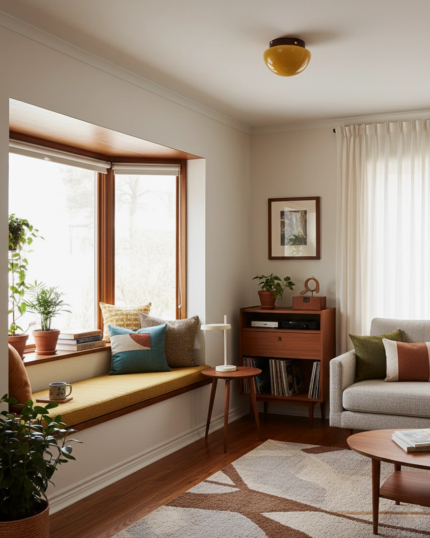 Honeyed Dome ceiling light installed in mid-century modern living room with bay window and neutral warm decor