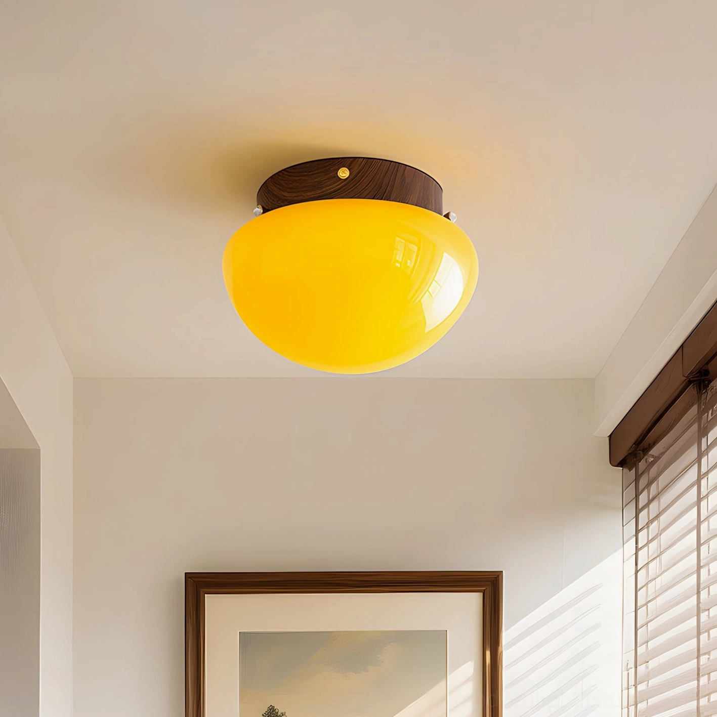 Close-up of Honeyed Dome ceiling fixture showing water transfer printed wood grain metal canopy design