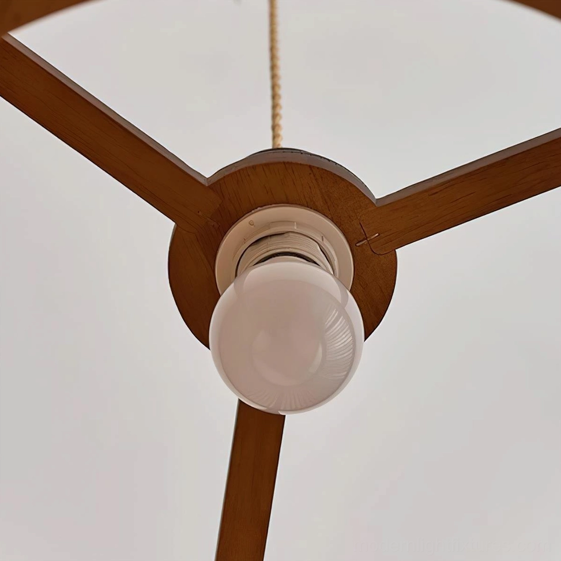 Hoopa rattan pendant light fixture complete assembly with walnut wood and natural rattan materials