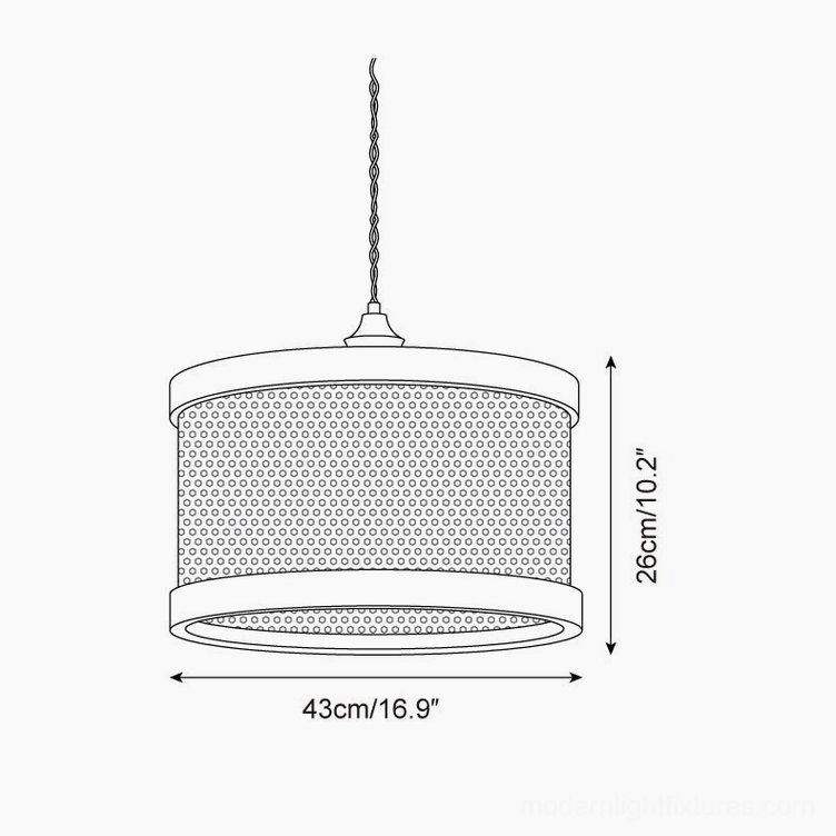 Hoopa rattan pendant light technical specifications diagram showing dimensions 43cm diameter by 26cm height