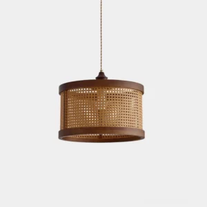 Hoopa natural rattan woven pendant light with dark walnut wood frame, front overhead view