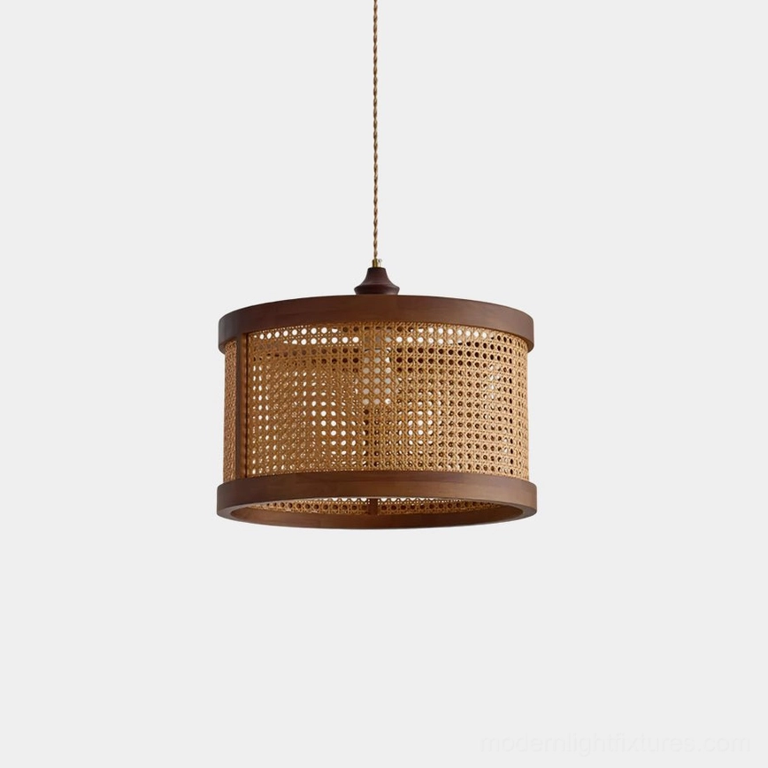 Hoopa natural rattan woven pendant light with dark walnut wood frame, front overhead view
