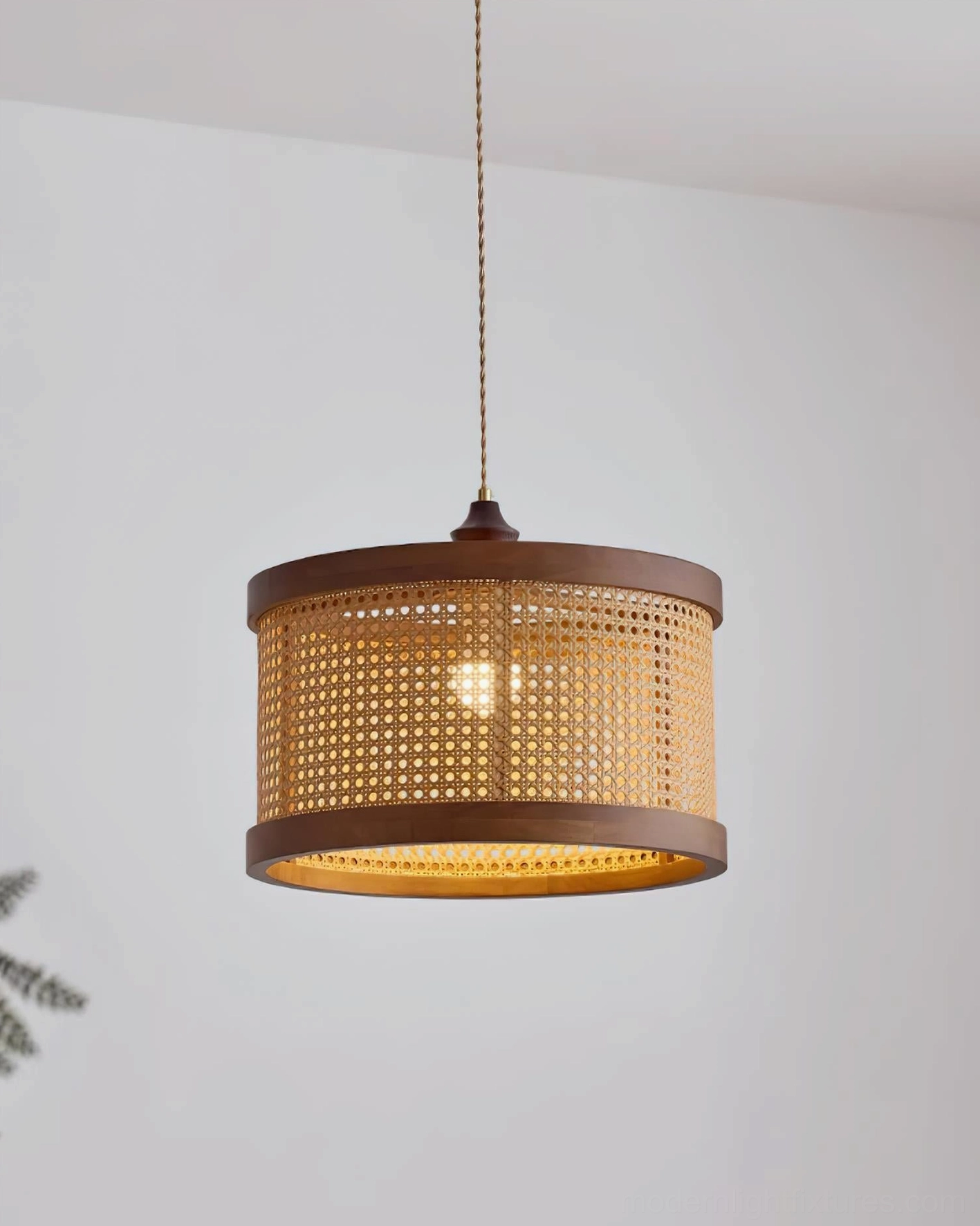 Side view of Hoopa natural rattan woven pendant shade with dark walnut wood trim