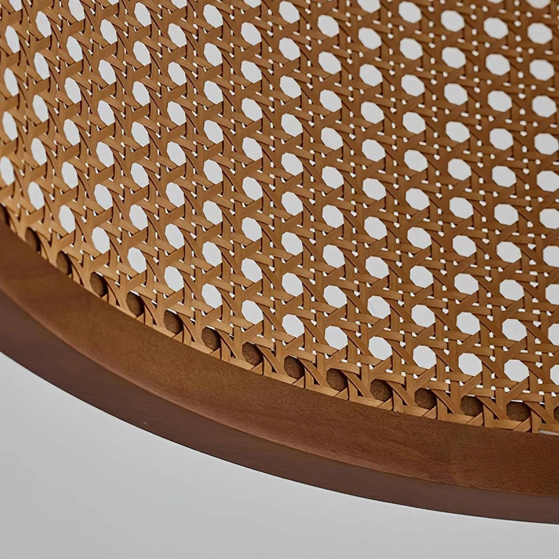 Close-up detail of Hoopa rattan weave pattern with geometric hollow structure and wood frame edge