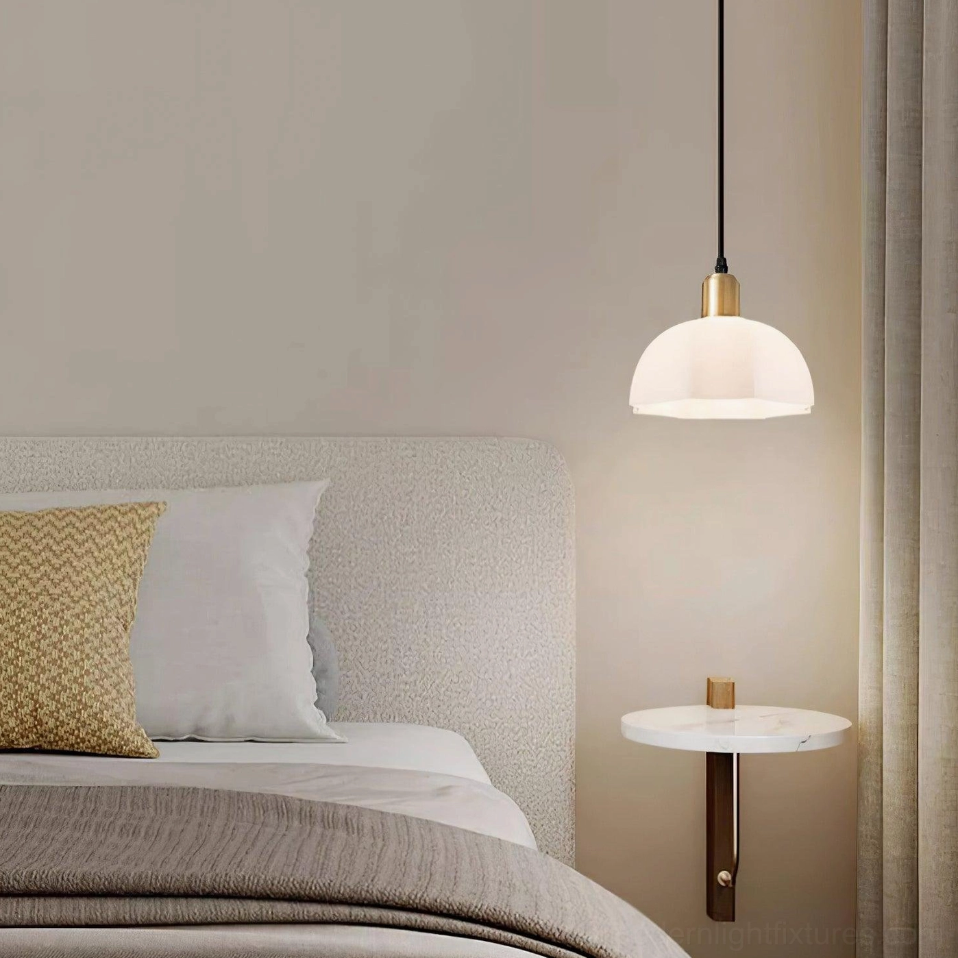 Side view of single horn pendant light in bedroom with beige curtains and light grey bedding