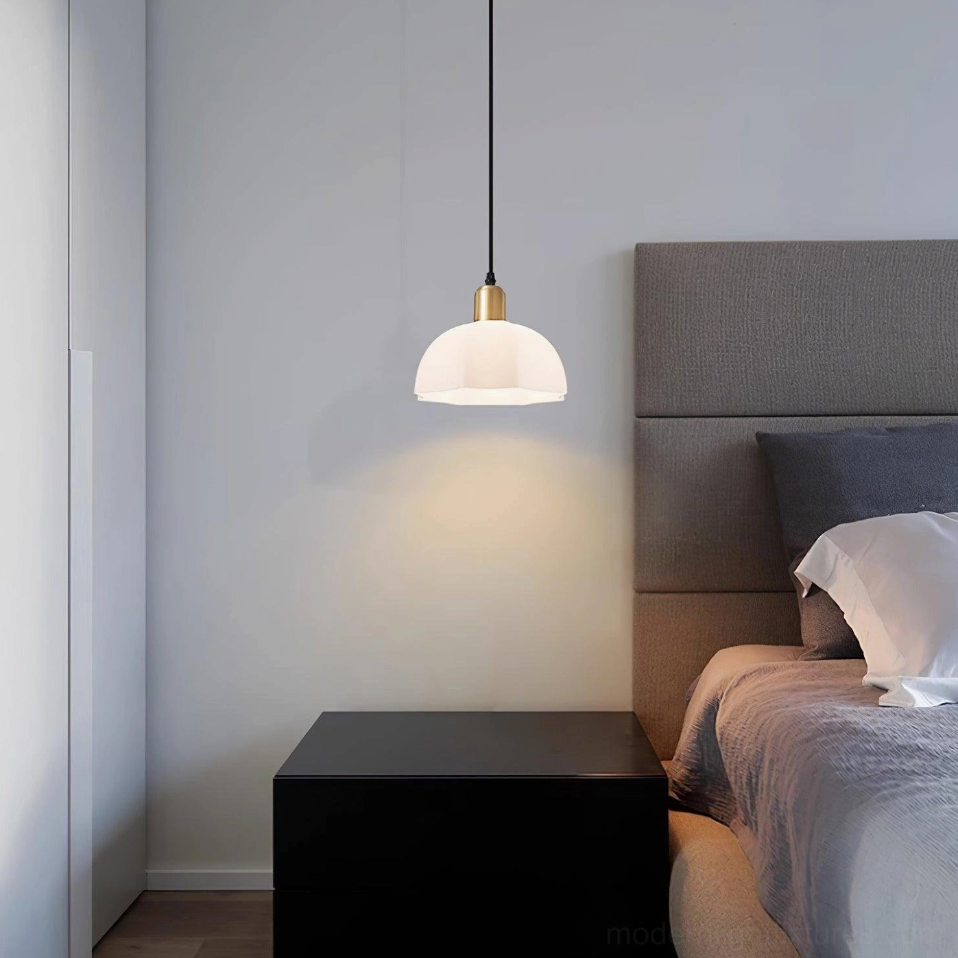 Minimalist bedroom side perspective with horn pendant light grey headboard