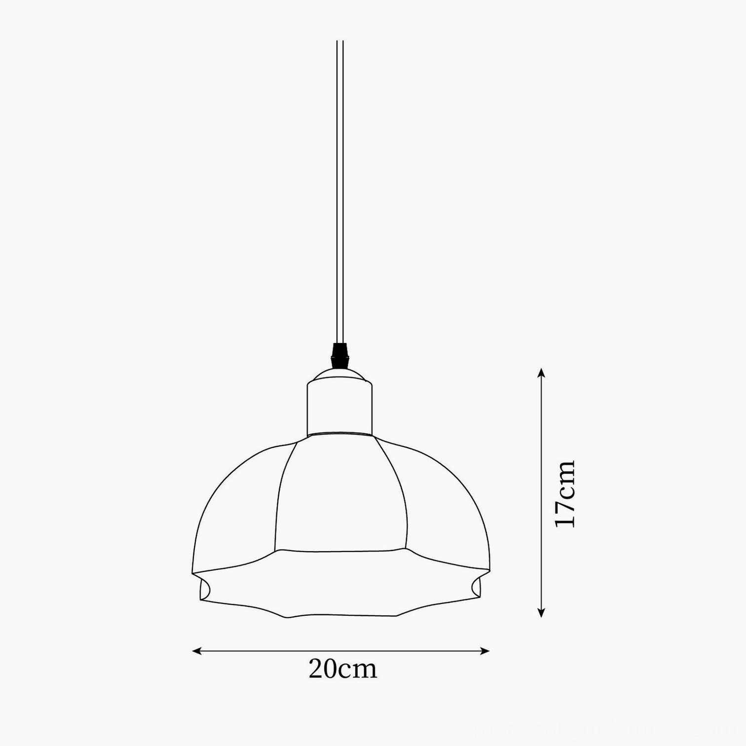 Technical orthographic specification drawing of horn pendant light dimensions 20cm x 17cm
