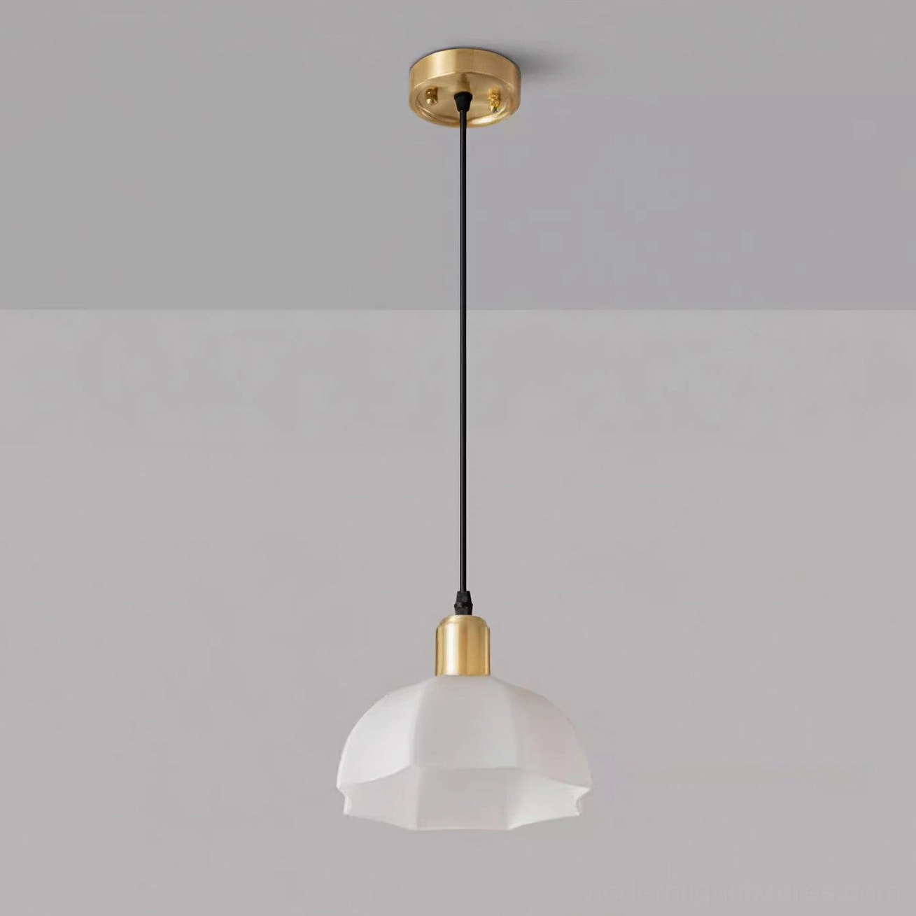 White frosted acrylic horn pendant shade detail showing scalloped edge design