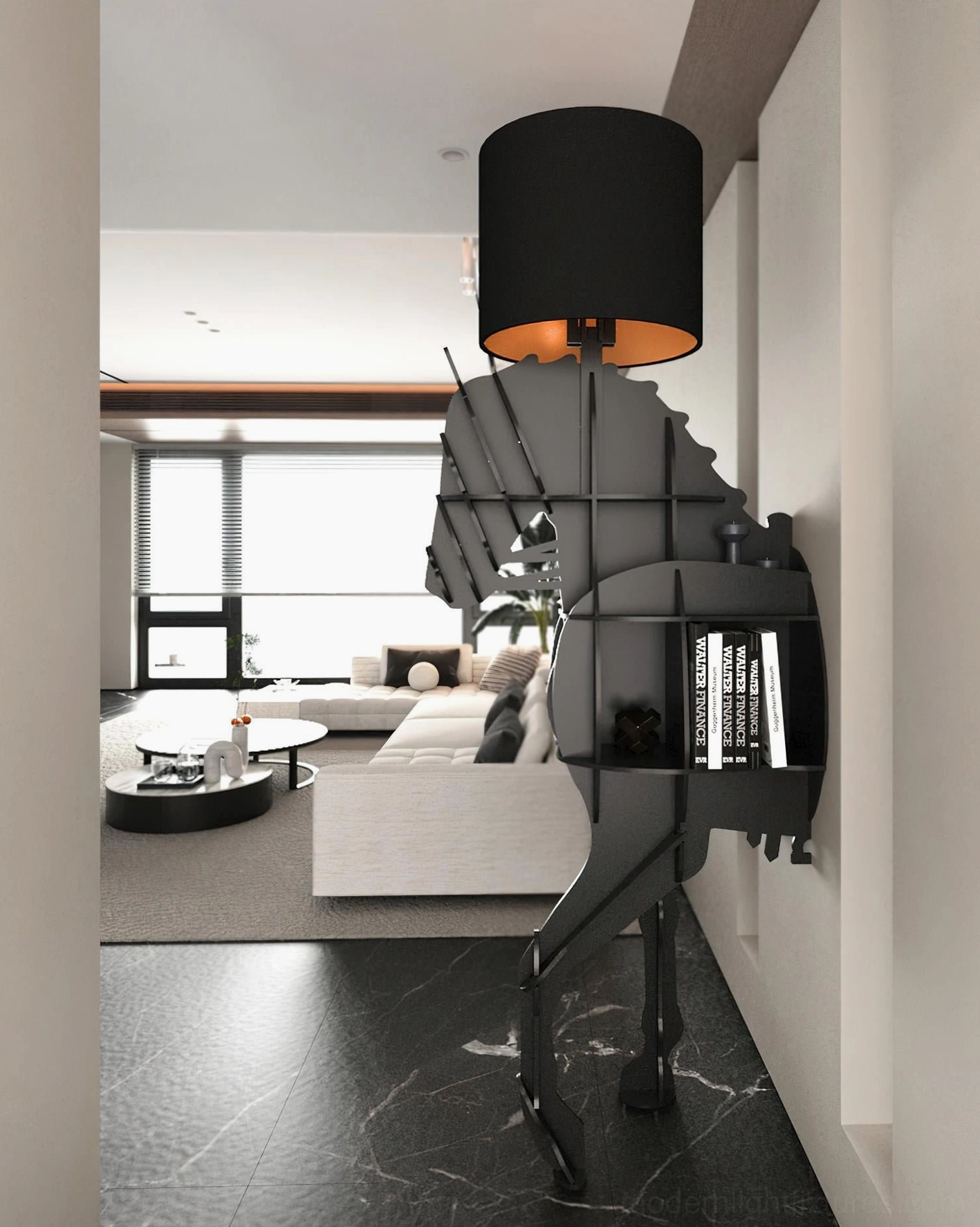 Black horse floor lamp with gold interior lampshade and built-in bookshelf in high-end open living space - minimalist decor